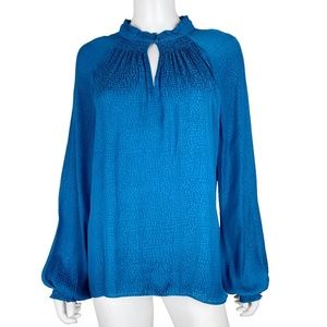 White House Black Market Front Keyhole Puff Sleeve Blue Satin Blouse